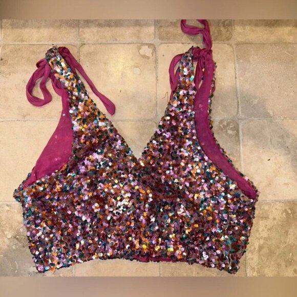 Free People Big Night Sequin Crop Top S Confetti in Pink Sparkle Barbie Surplice - Picture 6 of 10